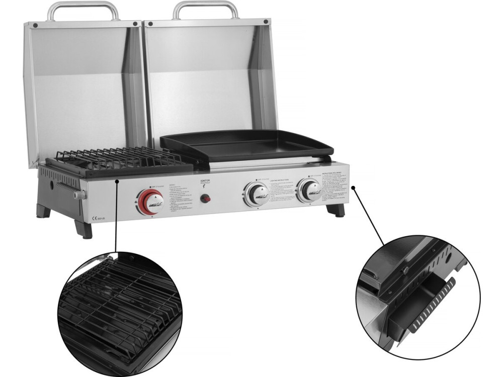 Grelhador a gás Plancha e plancha "Flamo" - 3 queimadores - Cinzento