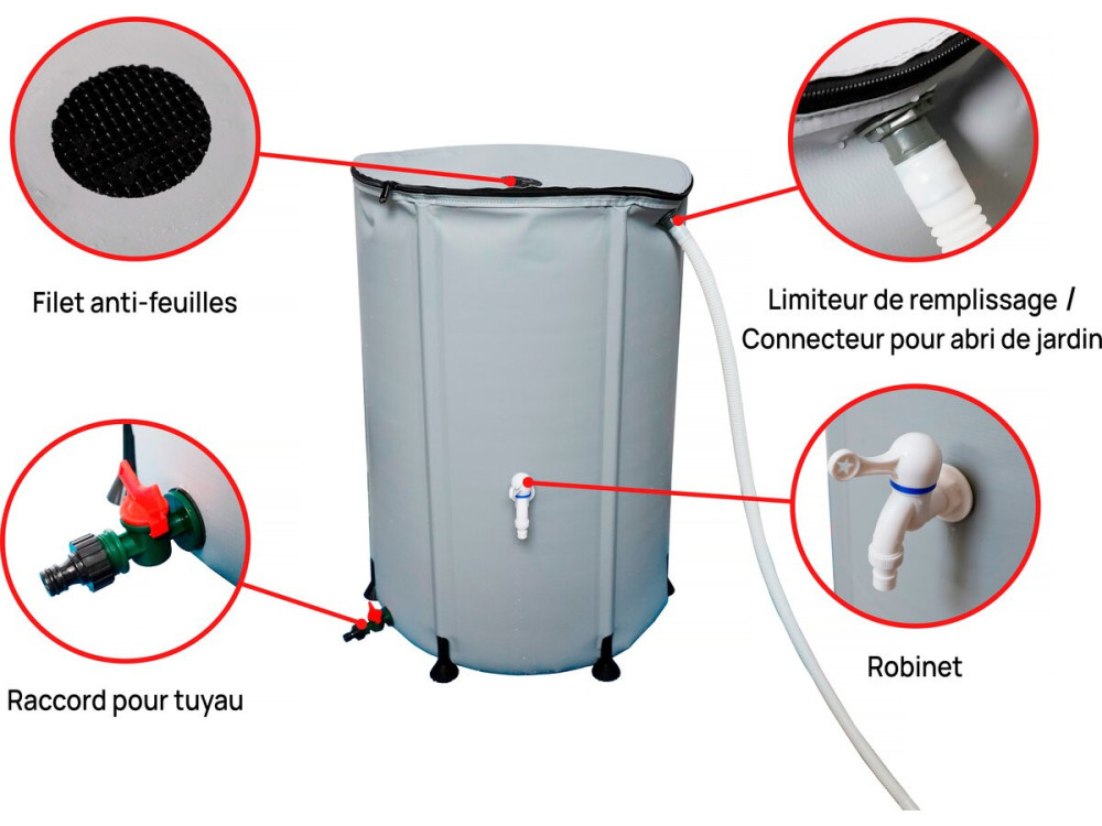 Coletor de água em PVC flexível 250 L - Cinza