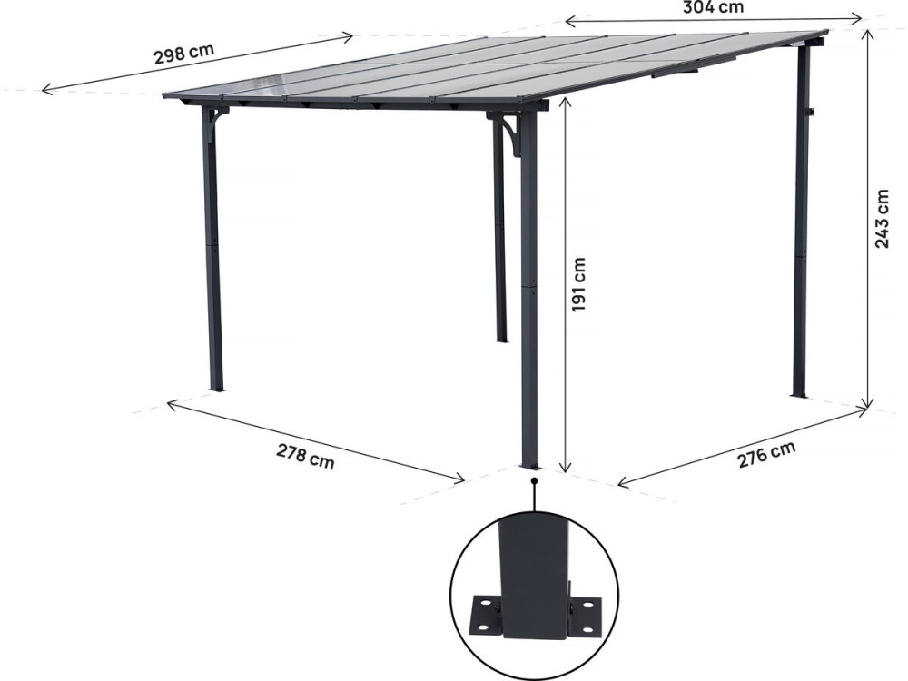 Pérgula toldo adossado "Marvin" - 3 x 3 m - 304 x 298 x 243 cm - Cinza escuro