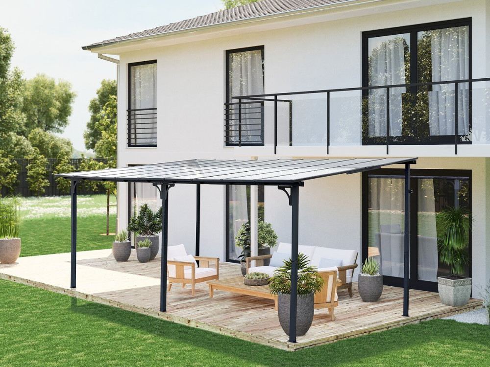 Pérgula toldo adossado "Marvin" - 5,5 x 3 m - 545 x 298 x 243 cm - Cinza escuro