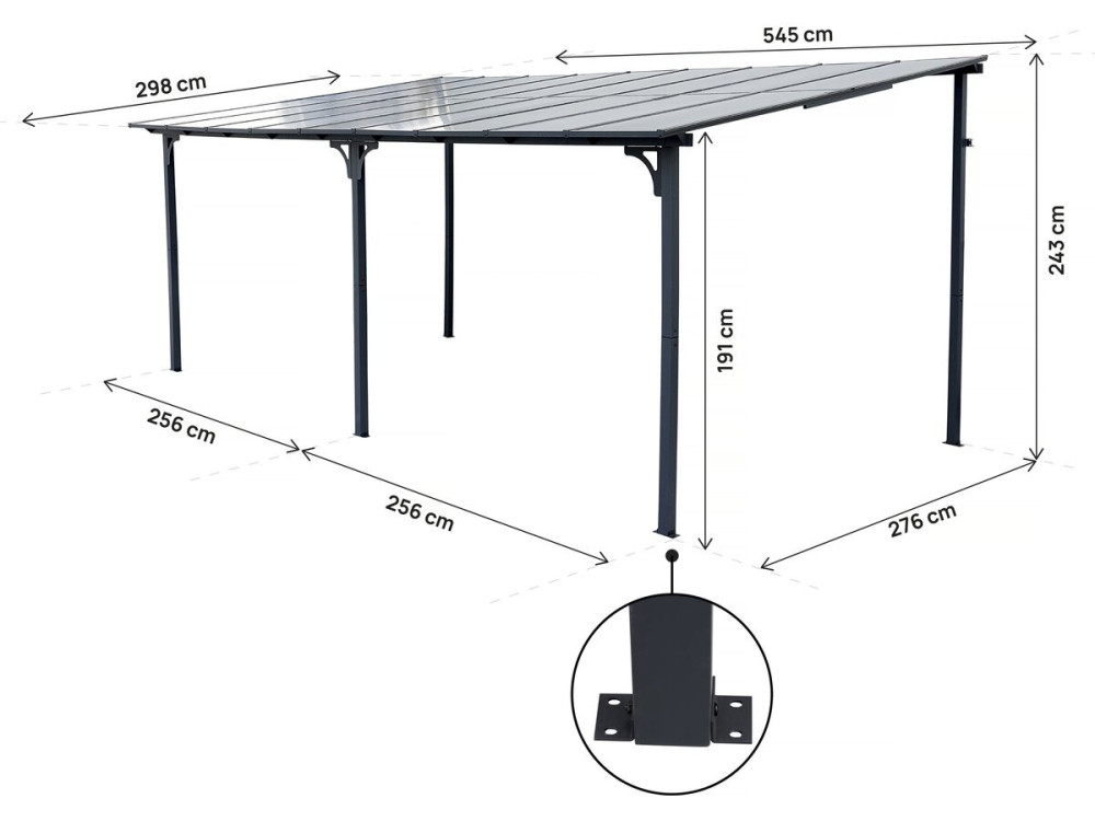 Pérgula toldo adossado "Marvin" - 5,5 x 3 m - 545 x 298 x 243 cm - Cinza escuro