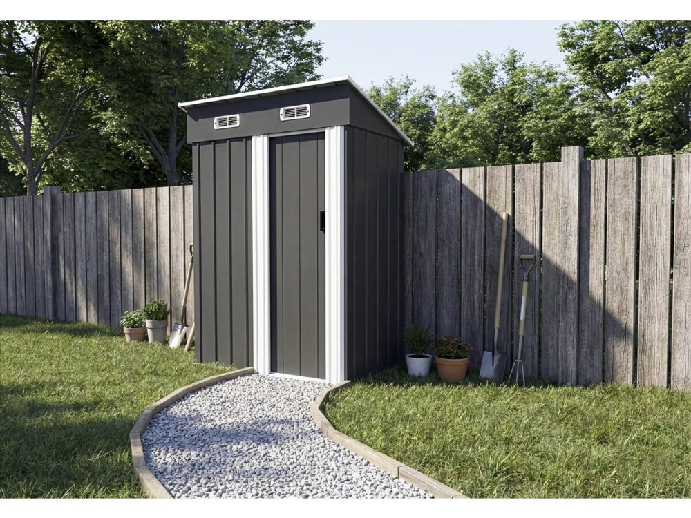 Telheiro metálico para jardim "Memphis" com porta de correr - 1,36 m² - Cinzento