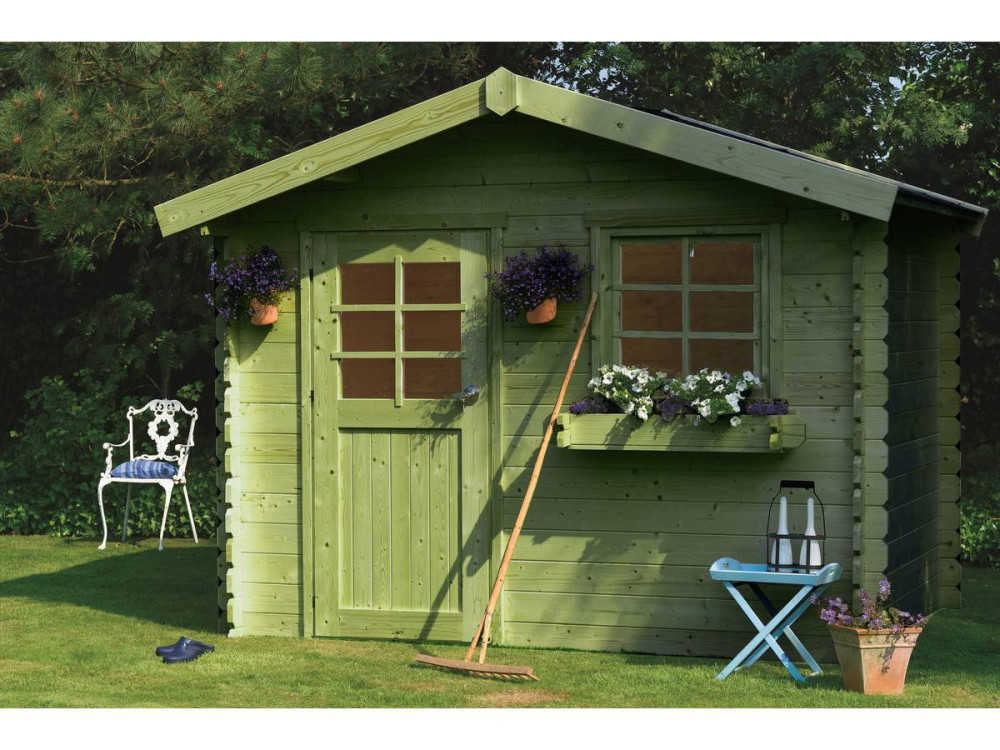 Telheiro de jardim em madeira "Sologne" - Modelo impregnado (verde) - 8,88 m² - 2,98 x 2,98 x 2,39 m - 28 mm
