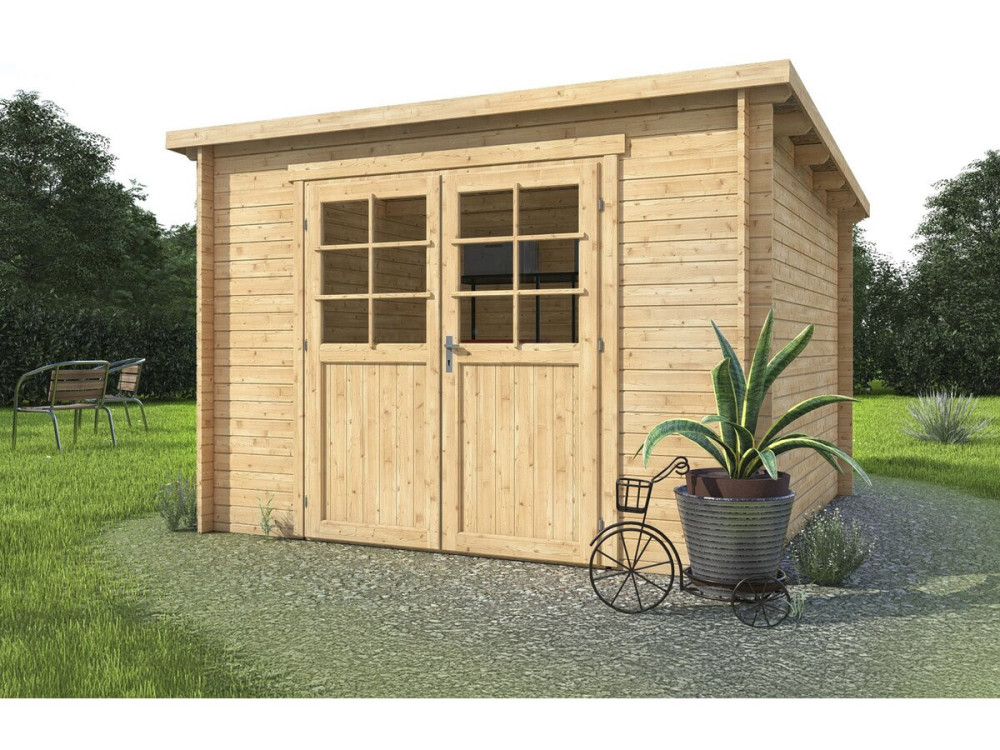 Telheiro de madeira para jardim "Rowan" de um só piso - 9,5 m² - 28 mm - Bege
