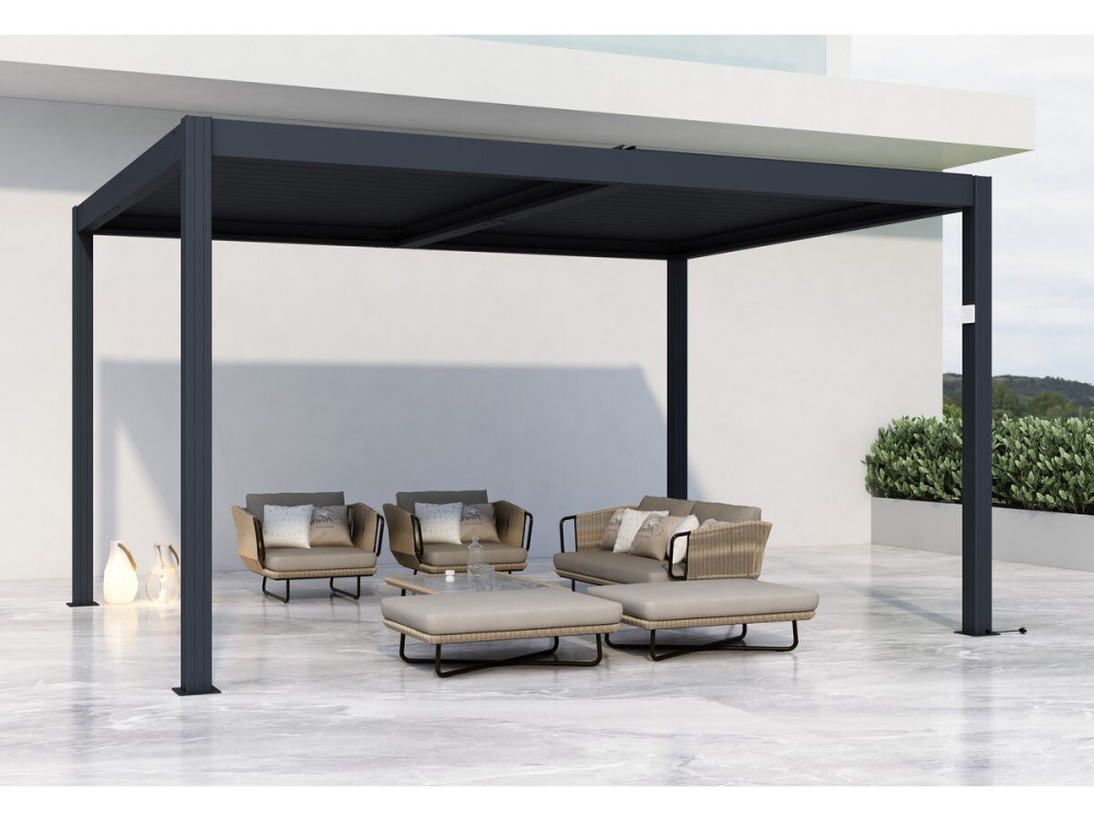 Pérgula bioclimática elétrica com LED "Windsor" em alumínio 3 x 4 - Cinza