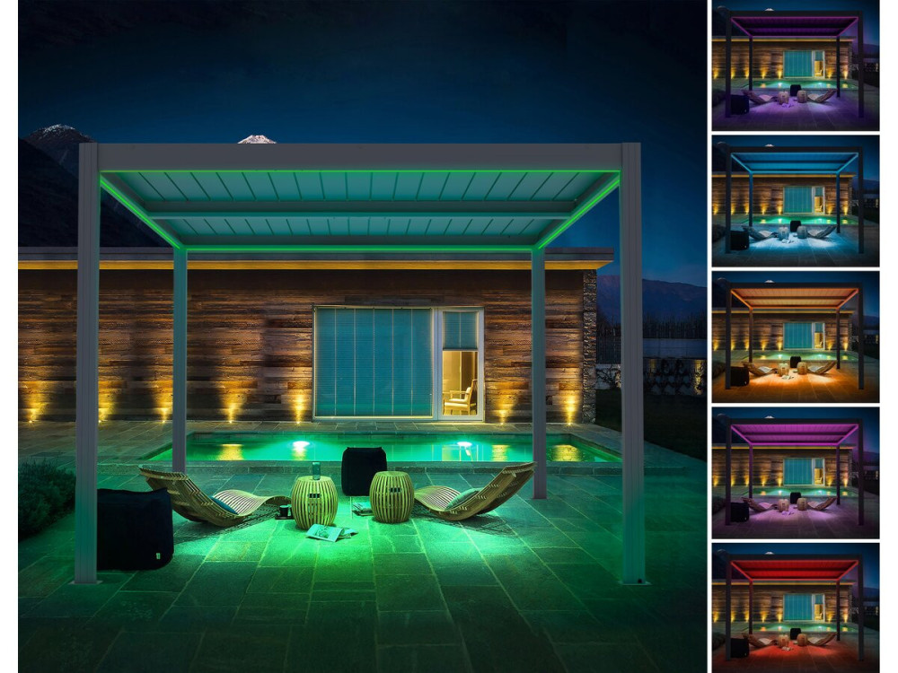 Pérgula bioclimática elétrica com LED "Windsor" em alumínio 3 x 4 - Cinza