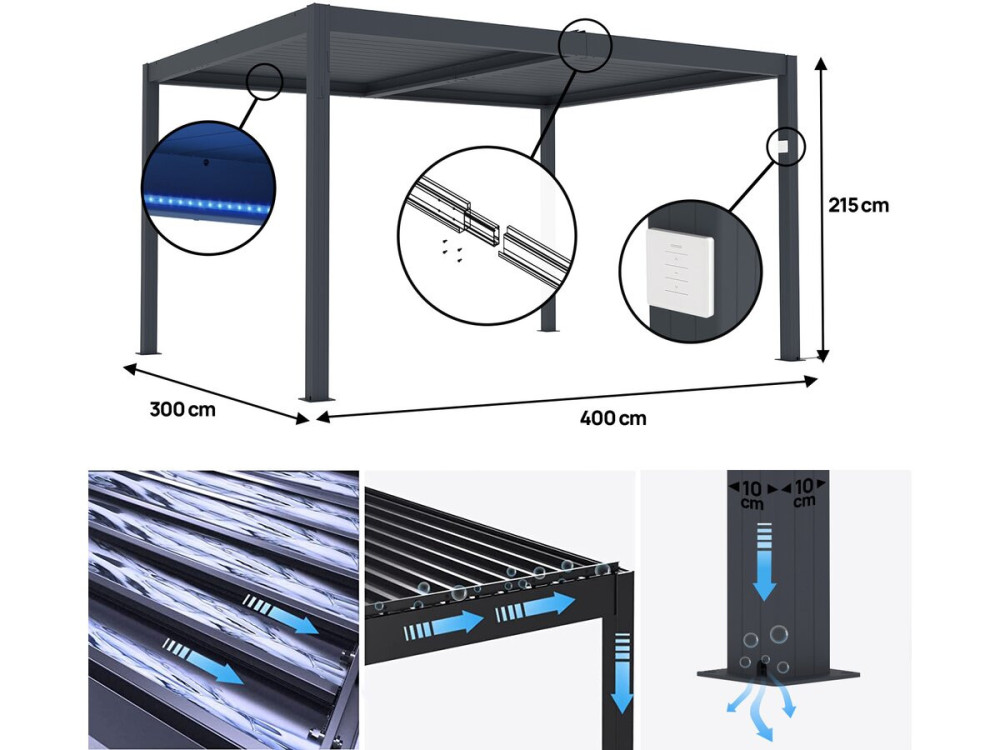 Pérgula bioclimática elétrica com LED "Windsor" em alumínio 3 x 4 - Cinza