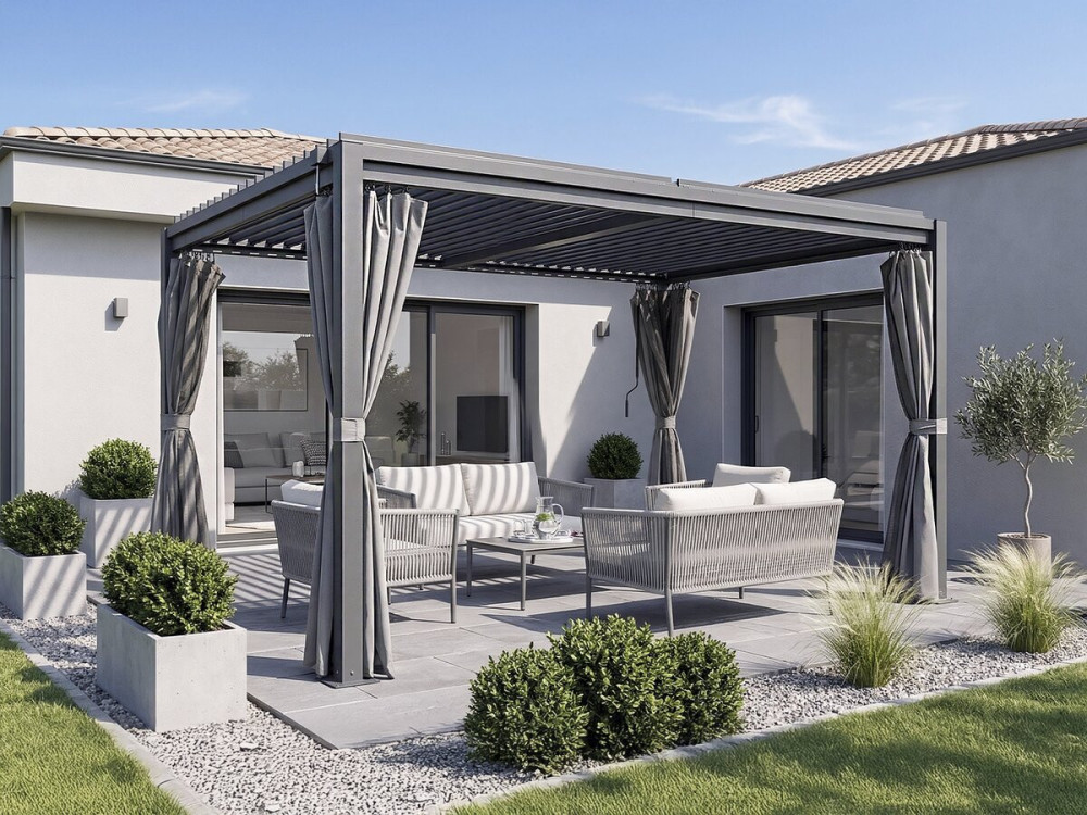 Pérgola bioclimática com cortina de aço galvanizado "Howard" - 3 x 4 m - Cinza
