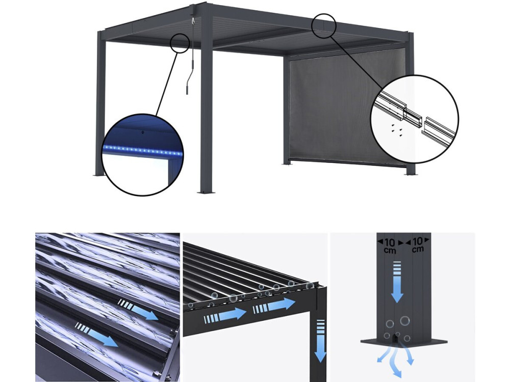 Pérgula bioclimática "Windsor premium" com led e toldo em alumínio - 3 x 4 m - Cinzento