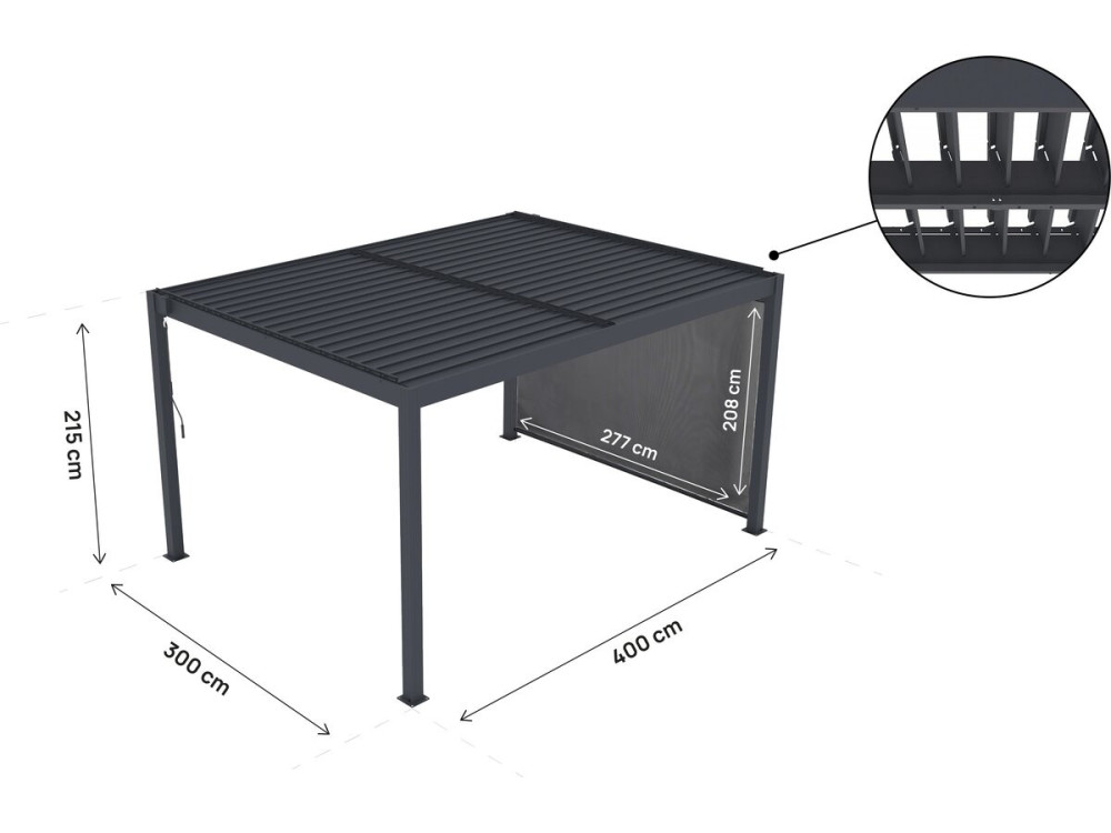 Pérgula bioclimática "Windsor premium" com led e toldo em alumínio - 3 x 4 m - Cinzento