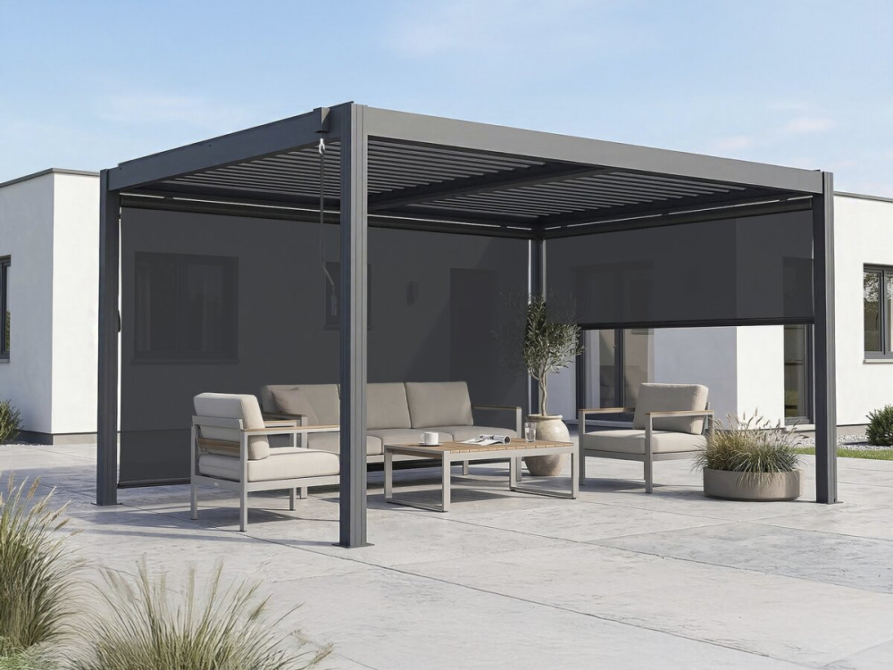 Pérgula bioclimática "Windsor premium" com led e 2 estores de alumínio - 3 x 4 m - Cinzento