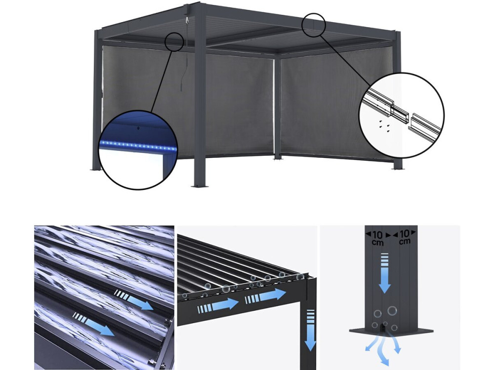 Pérgula bioclimática "Windsor premium" com led e 2 estores de alumínio - 3 x 4 m - Cinzento