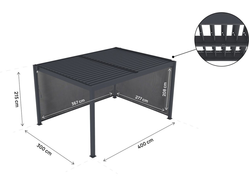 Pérgula bioclimática "Windsor premium" com led e 2 estores de alumínio - 3 x 4 m - Cinzento