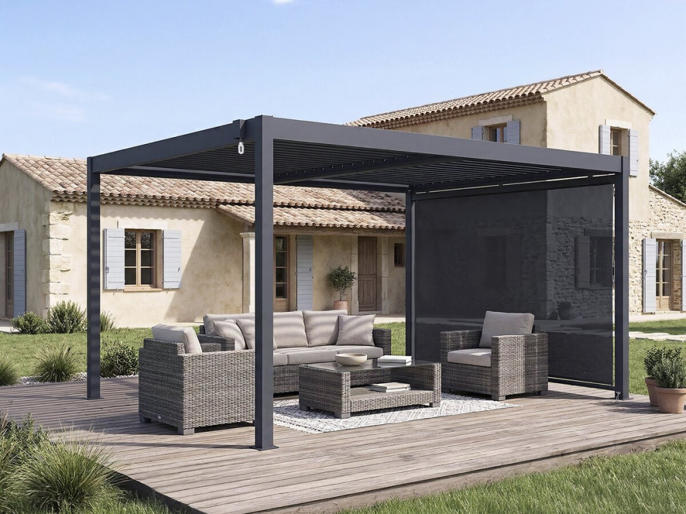 Pérgula bioclimática "Windsor" com toldo em alumínio - 3 x 4 m - Cinzento