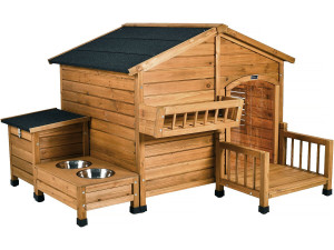 Casinha de madeira para cães "Rusty" com manjedoura e caixa de arrumação - 151 x 138 x 100 cm - Castanho