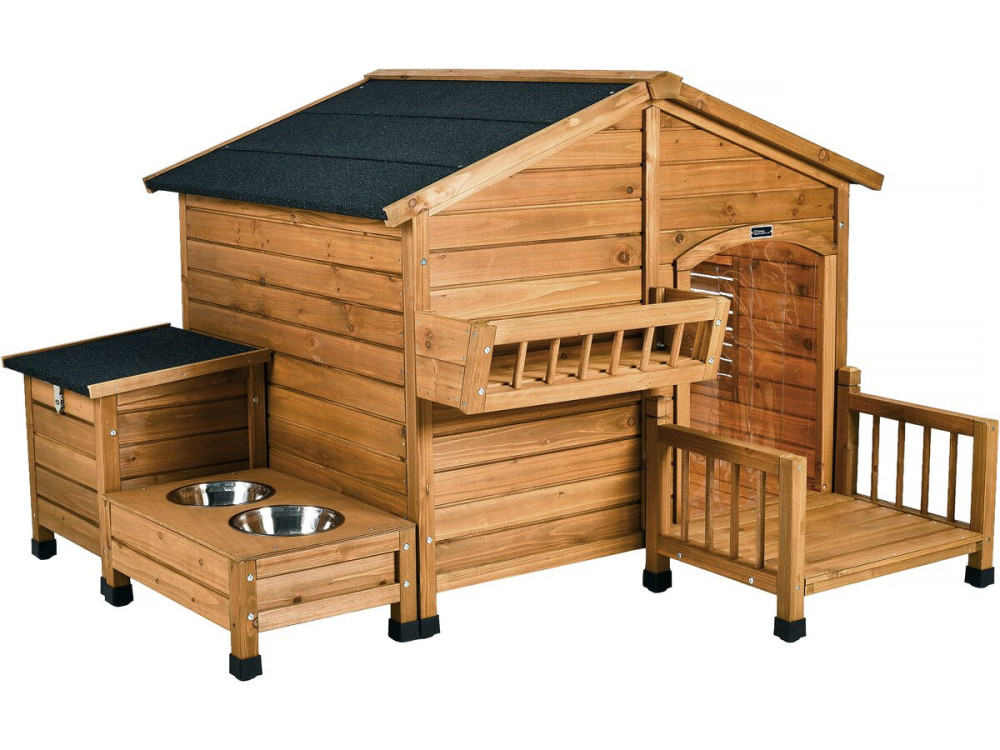 Casinha de madeira para cães "Rusty" com manjedoura e caixa de arrumação - 151 x 138 x 100 cm - Castanho