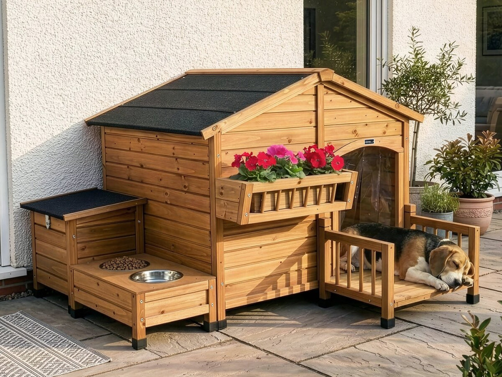 Casinha de madeira para cães "Rusty" com manjedoura e caixa de arrumação - 151 x 138 x 100 cm - Castanho