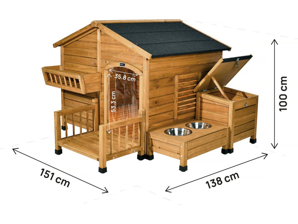 Casinha de madeira para cães "Rusty" com manjedoura e caixa de arrumação - 151 x 138 x 100 cm - Castanho