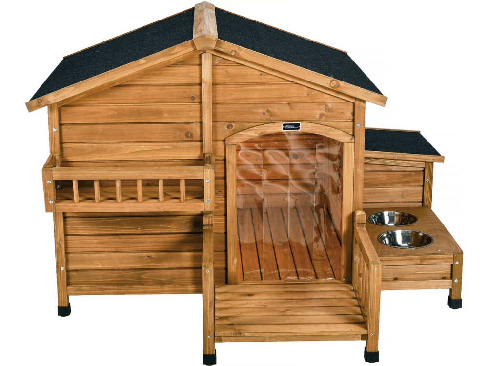 Casinha de madeira para cães "Rusty" com manjedoura e caixa de arrumação - 151 x 138 x 100 cm - Castanho