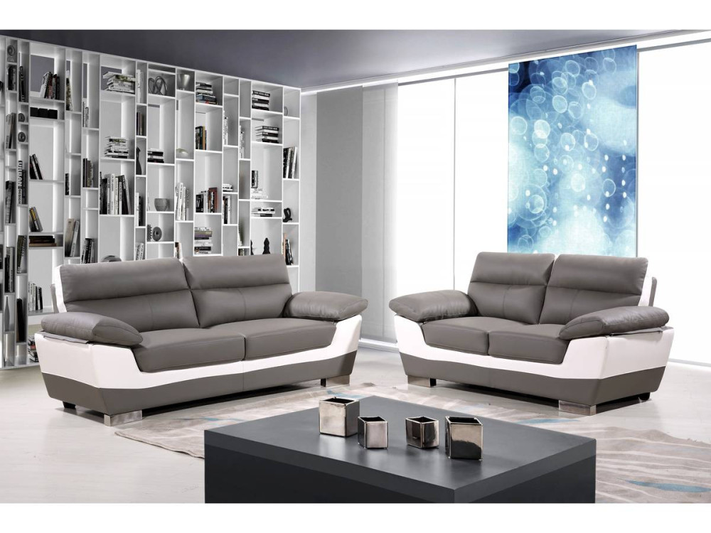 Sofá fixo em couro colado e PVC "Dallas" - 210 x 88 x 90 cm - 3 lugares - Cinza/Branco