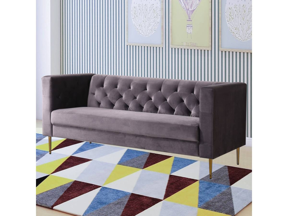 Sofá fixo de veludo "Bruce" - 196 x 76 x 82 cm - 3 lugares - Cinza