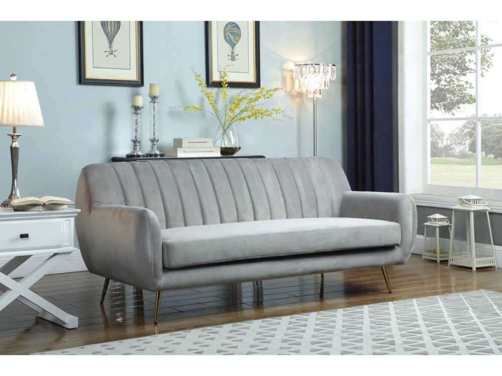 Sofá fixo de veludo "Evans" - 195 x 84 x 82 cm - 3 lugares - Cinza