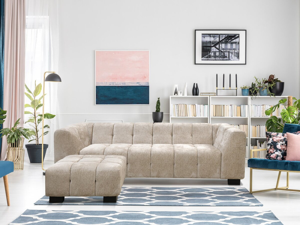 Sofá reto de design em tecido chenille 3 lugares "Foch" - Bege