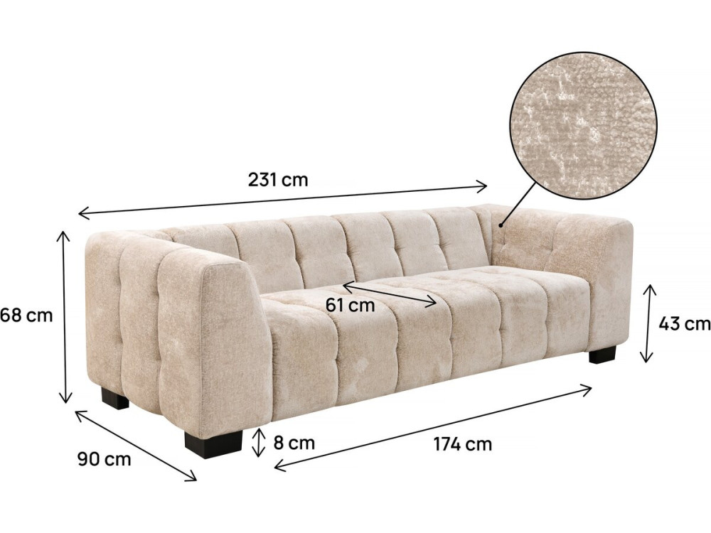 Sofá reto de design em tecido chenille 3 lugares "Foch" - Bege