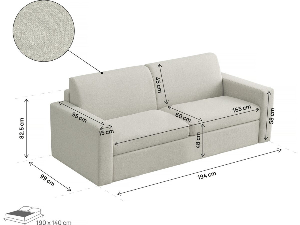 Sofá convertível "Diana" Express em tecido - Zona para dormir de 140 cm - 3 lugares - Bege