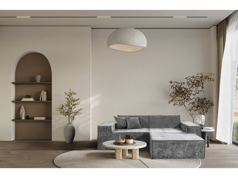Sofá modular reto com pufe em tecido texturado "Lusso" - 3 lugares - Cinza