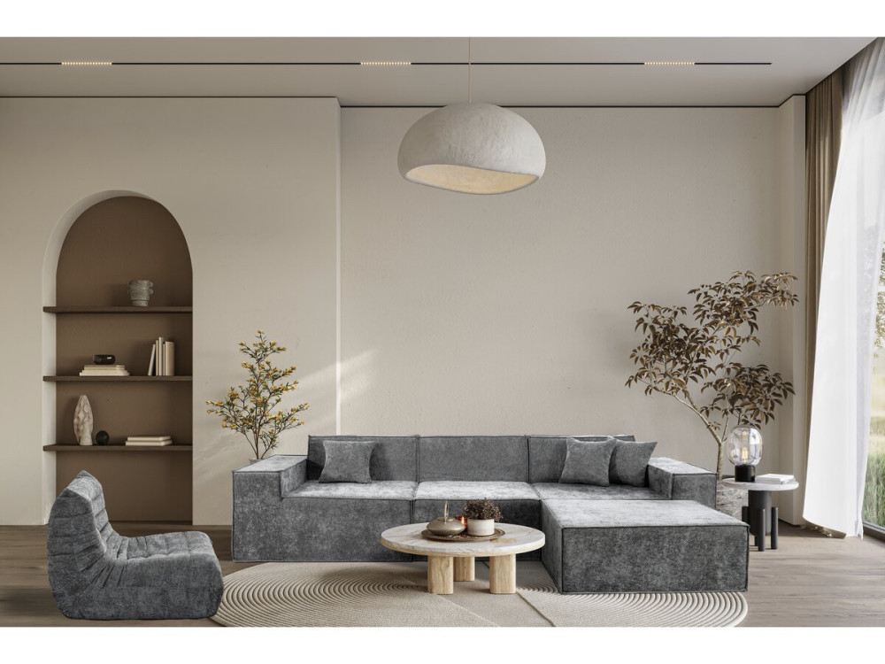 Sofá modular reto com pufe em tecido texturado "Lusso" - 4 lugares - Cinza
