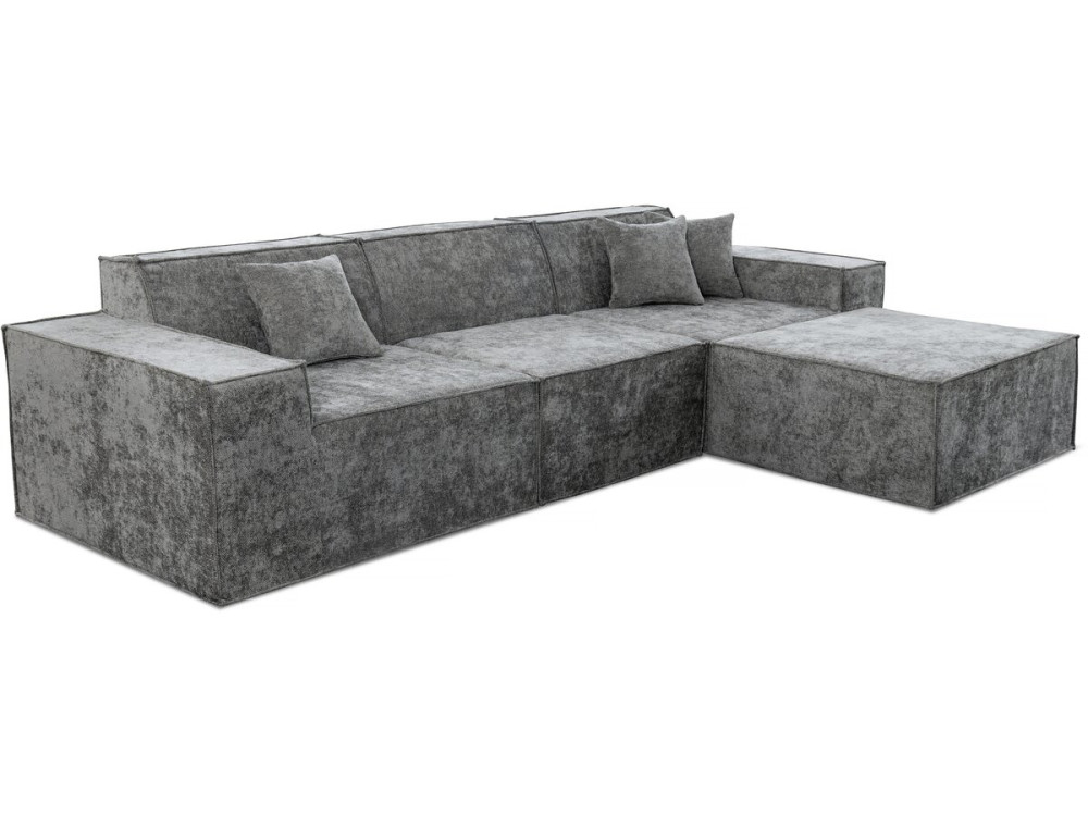 Sofá modular reto com pufe em tecido texturado "Lusso" - 4 lugares - Cinza