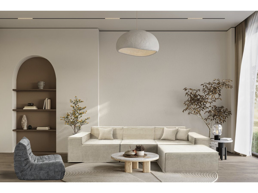 Sofá modular reto com pufe em tecido texturizado "Lusso" - 4 lugares - Bege