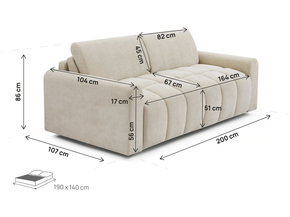 Sofá-cama convertível expresso "Isadora" - Colchão 18 cm - Roupa de cama 140 cm - 3 lugares - Bege