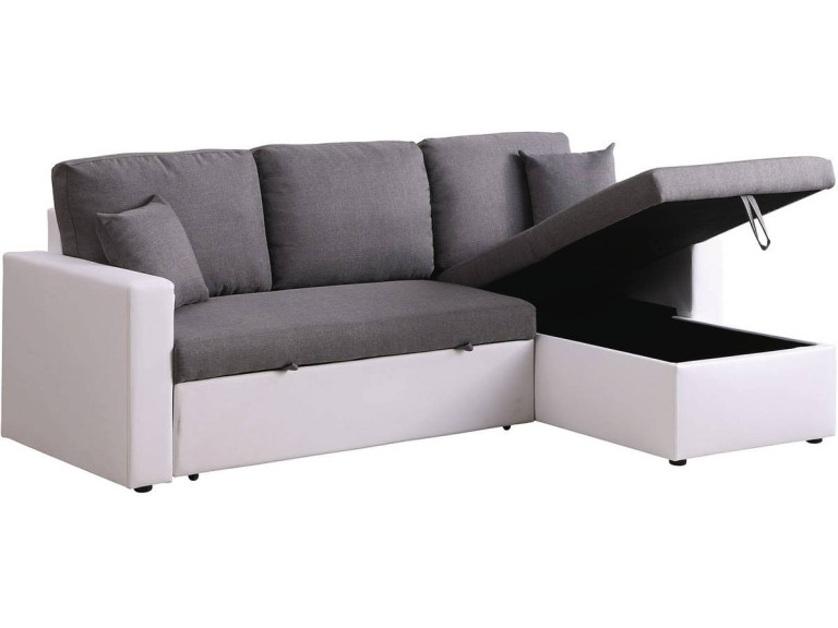 Sofá de canto conversível/reversível com baú "Alain" - 221 x 145 x 85 cm - 3 lugares - Cinza / Branco