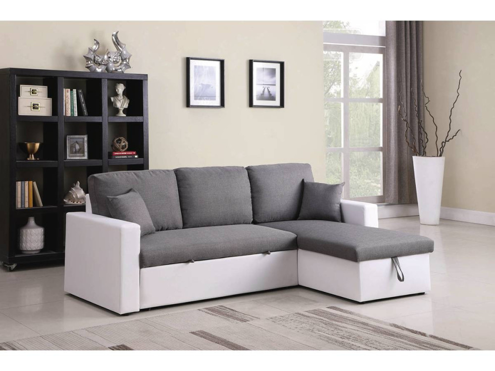 Sofá de canto conversível/reversível com baú "Alain" - 221 x 145 x 85 cm - 3 lugares - Cinza / Branco