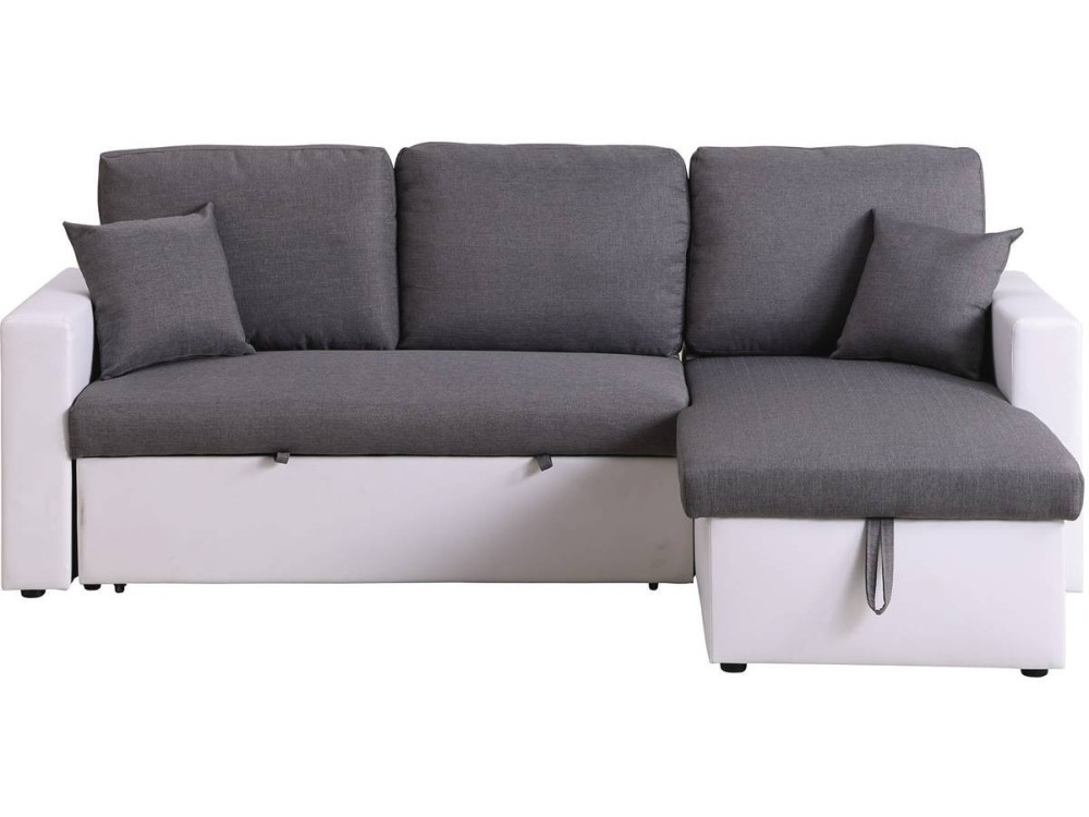Sofá de canto conversível/reversível com baú "Alain" - 221 x 145 x 85 cm - 3 lugares - Cinza / Branco