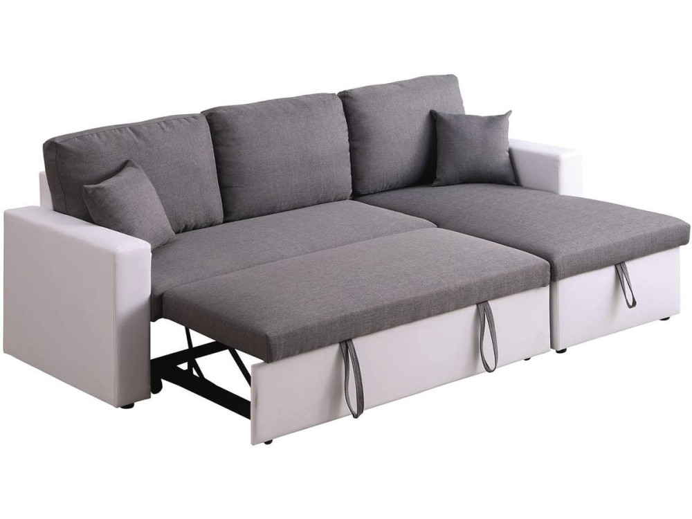 Sofá de canto conversível/reversível com baú "Alain" - 221 x 145 x 85 cm - 3 lugares - Cinza / Branco