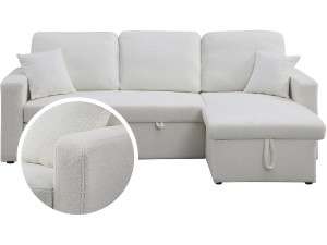 Sofá de canto conversível/reversível com baú "Alain" - 3 lugares - Bouclettes - Branco