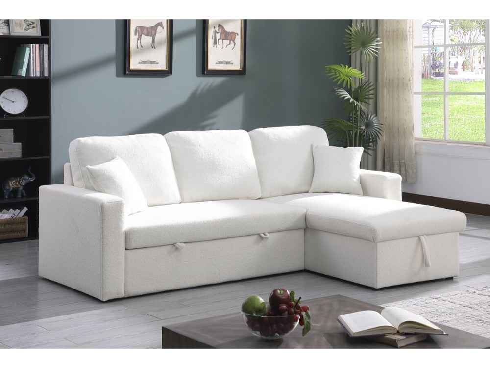 Sofá de canto conversível/reversível com baú "Alain" - 3 lugares - Bouclettes - Branco