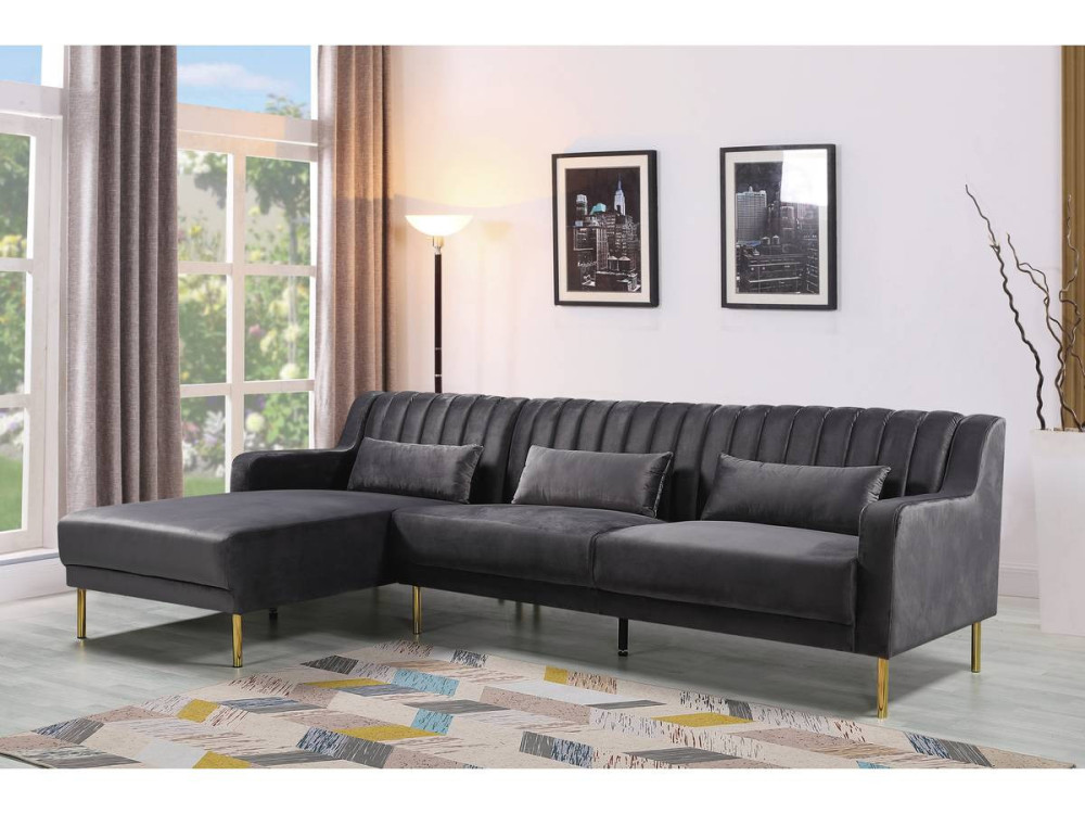 Sofá de canto de veludo "Oliver" - 275 x 161 x 81 cm - 5 lugares - Cinza - Canto esquerdo