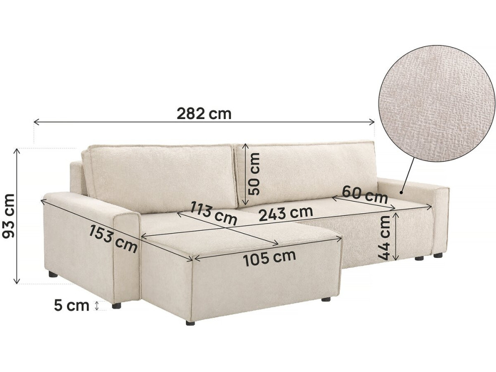 Sofá-cama de canto "Montaigne" em tecido texturado - 4 lugares - Bege