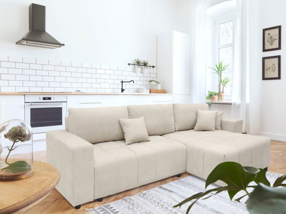 George", sofá-cama de canto de 4 lugares, estilo bolha, em tecido chenille - Bege