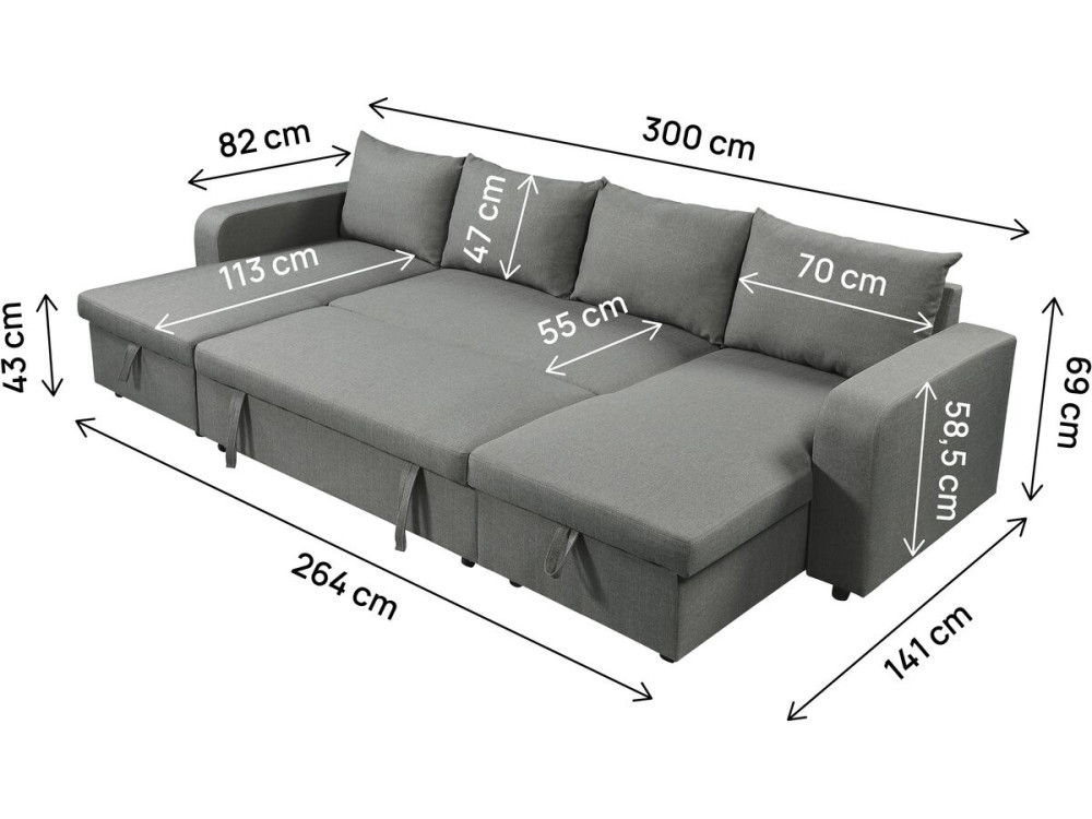 Sofá-cama de canto panorâmico "Victor" em tecido - 4 lugares - Cinzento
