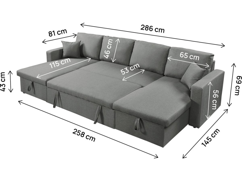 Sofá-cama de canto panorâmico "Alain" em tecido - 4 lugares - Cinzento