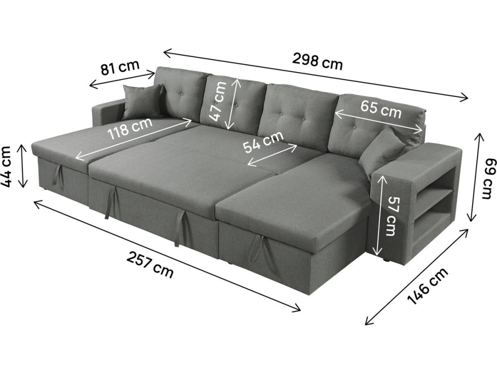 Sofá-cama de canto panorâmico "Axel" em tecido - 4 lugares - Cinzento