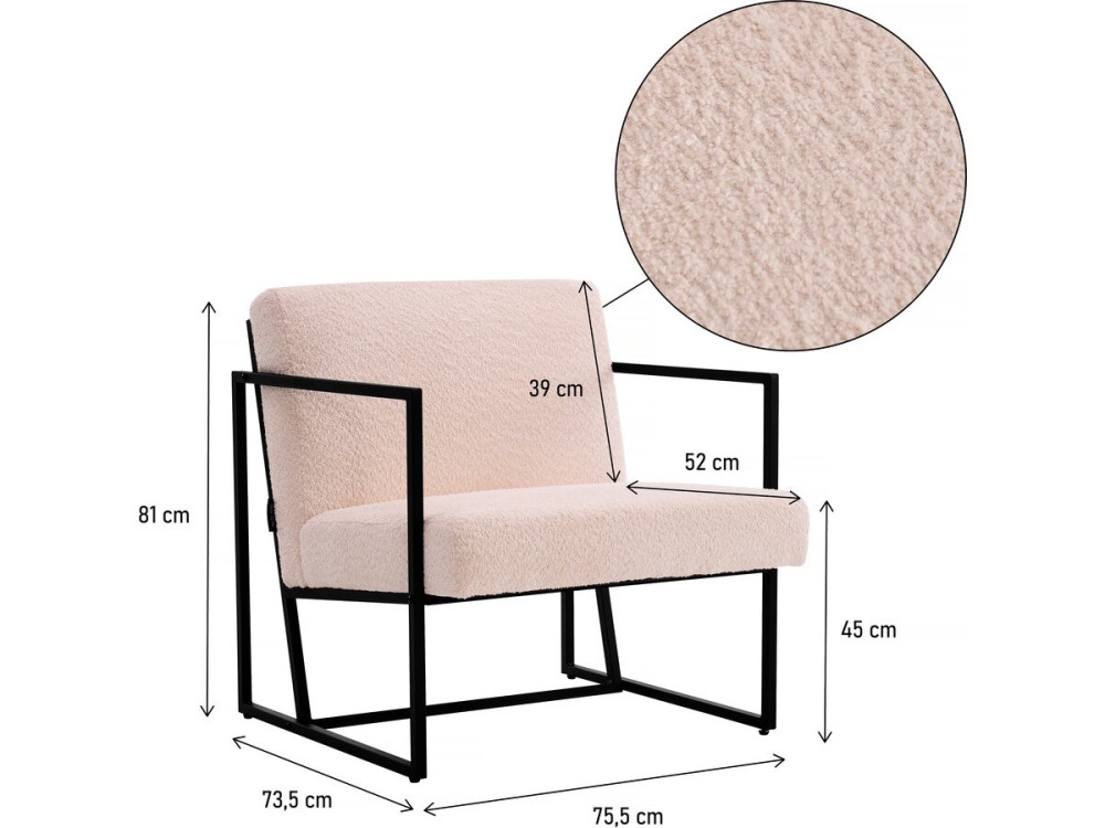 Poltrona "Kennedy" em veludo e metal - 73,5 x 75,5 x 81 cm - Creme