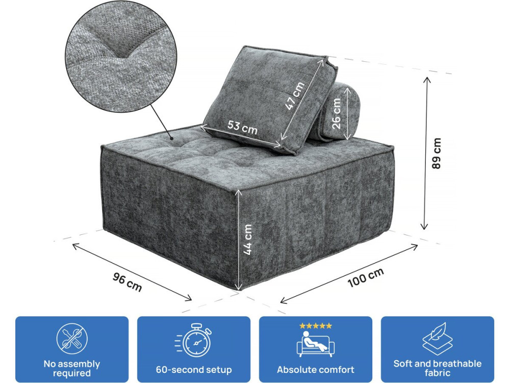 Poltrona estilo veludo - 96 x 100 x 89 cm - Cinza