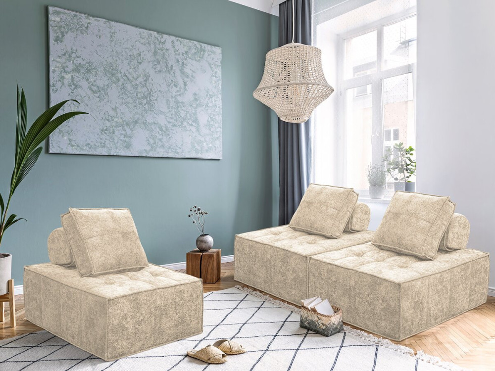 Conjunto de 3 poltronas modulares em tecido texturado "Velluto" - Bege