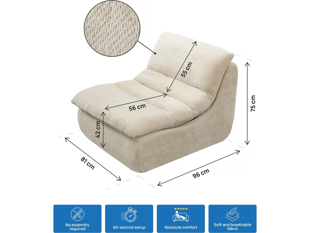 Chaise longue "Candela" em tecido texturado - 81 x 96 x 75 cm - Bege